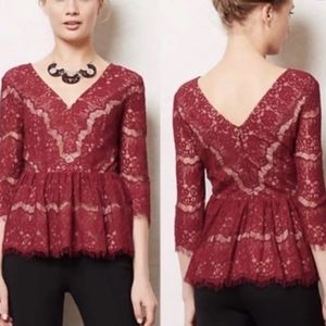 Maeve Anthropologie Maroon Lace Lined Peplum Top
